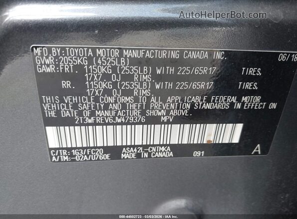 2T3WFREV6JW479376 2018 TOYOTA LE Gray Widok komory silnika
