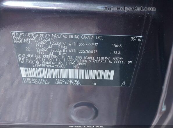 2T3WFREV8GW295033 2016 TOYOTA LE Темно-бордовый Вид подкапотного пространства