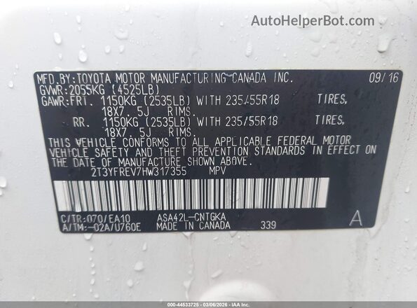 2T3YFREV7HW317355 2017 TOYOTA LIMITED White Widok komory silnika