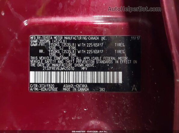 2T3ZFREV6JW425010 2018 TOYOTA LE Red Շարժիչի բաժամունքի տեսք