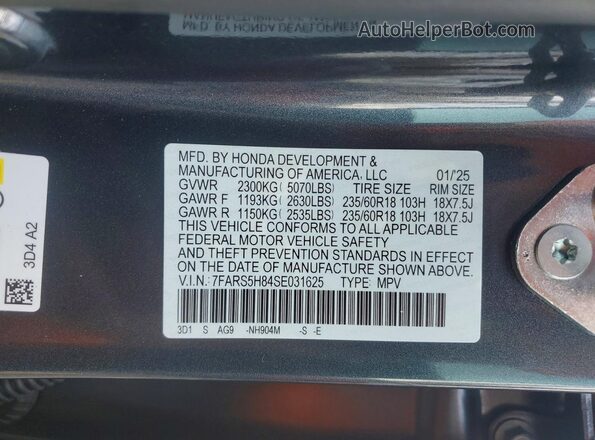 7FARS5H84SE031625 2025 HONDA CRV Серый Вид наклейки с VIN-кодом