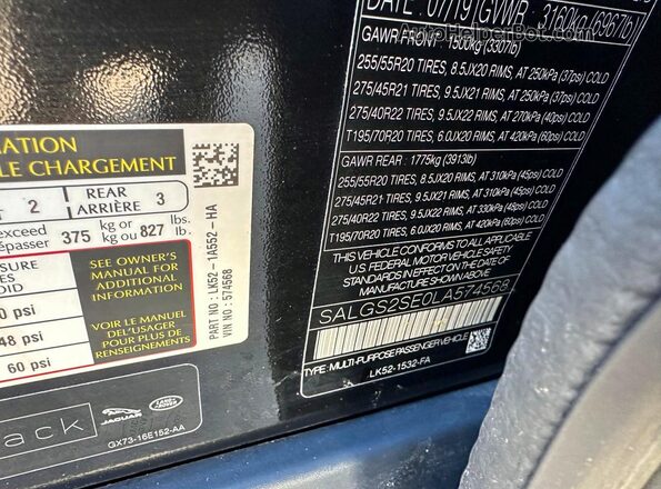 SALGS2SE0LA574568 2020 LAND ROVER RANGE Черный Вид задней части салона