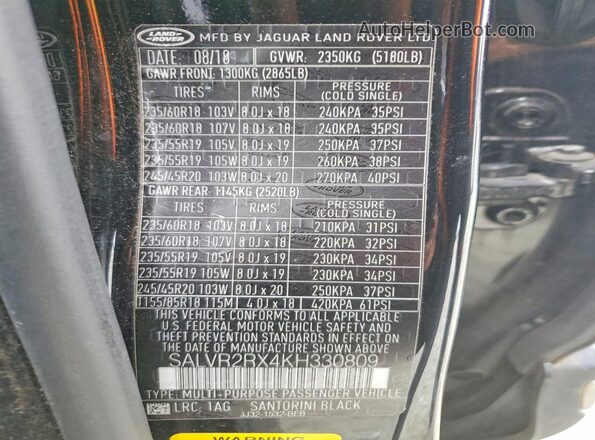 SALVR2RX4KH330809 2019 LAND ROVER RANGE Black Vista de la etiqueta del VIN
