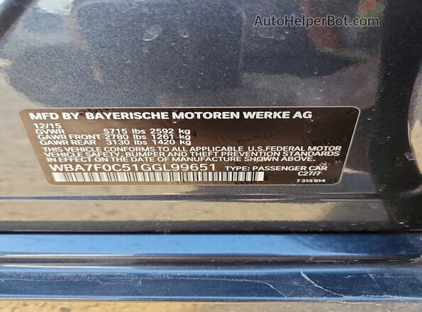 WBA7F0C51GGL99651 2016 BMW OTHER Gray Вид наклейки з VIN-кодом