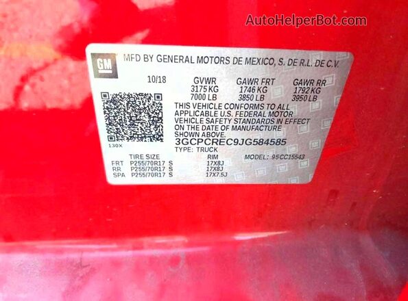 3GCPCREC9JG584585 2018 CHEVROLET SILVERADO Red Vista de los asientos traseros