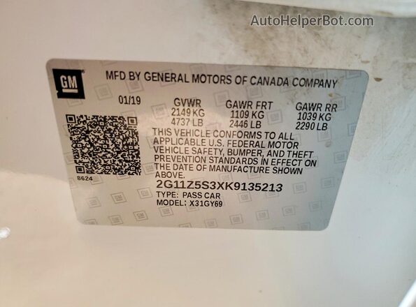 2G11Z5S3XK9135213 2019 CHEVROLET IMPALA Белый Вид подкапотного пространства