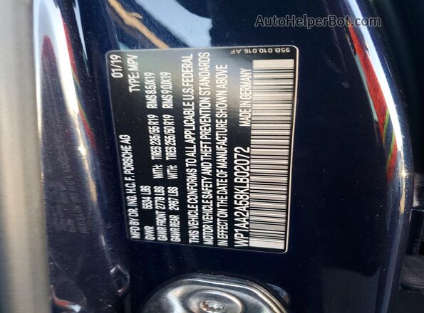 WP1AA2A58KLB02072 2019 PORSCHE MACAN Синий Панорамный вид салона 360°