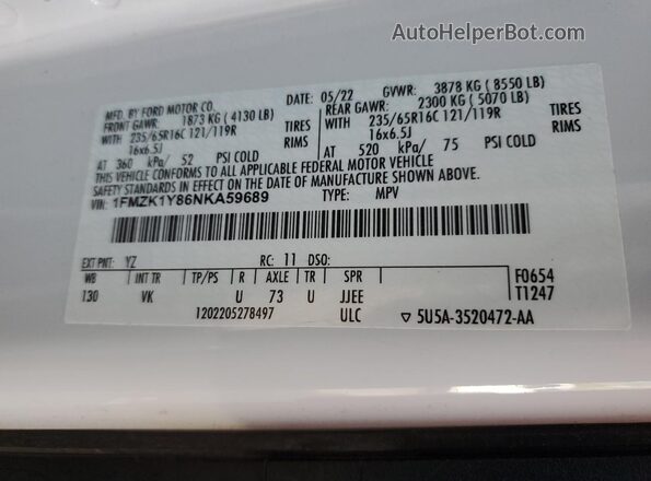1FMZK1Y86NKA59689 2022 FORD PASSENGER White Вид задніх сидінь