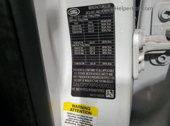 SALCP2FX8NH909033 2022 LAND ROVER DISCOVERY White 