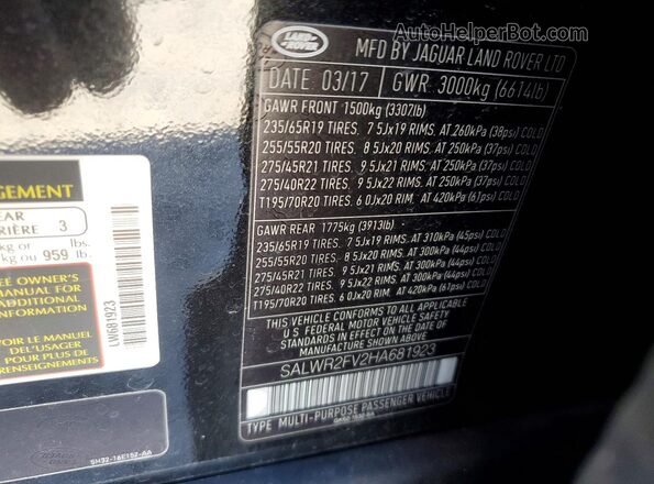SALWR2FV2HA681923 2017 LAND ROVER RANGE Black 