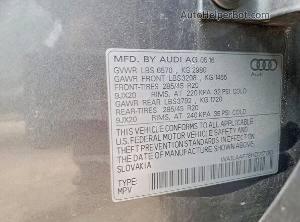 WA1LAAF78HD017793 2017 AUDI Q7 Gray Вид наклейки з VIN-кодом