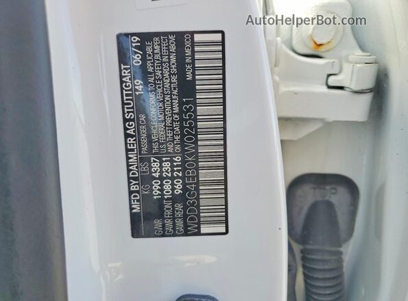 WDD3G4EB0KW025531 2019 MERCEDES-BENZ A White Widok naklejki z numerem VIN