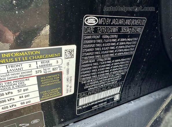 SALWR2SUXLA714513 2020 LAND ROVER RANGE Черный Вид задних сидений