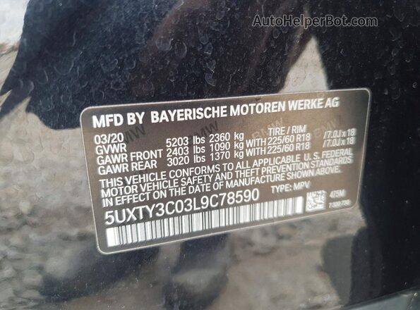 5UXTY3C03L9C78590 2020 BMW X3 Black Widok wnętrza 360 stopni
