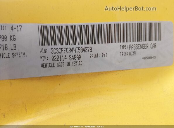 3C3CFFCR4HT594278 2017 FIAT 500 Yellow Widok komory silnika