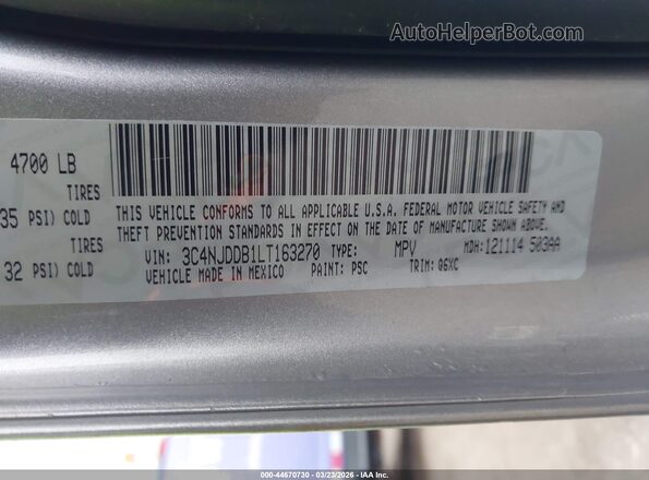 3C4NJDDB1LT163270 2020 JEEP COMPASS Серый Вид подкапотного пространства