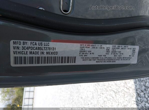 3C4PDCAB5LT278131 2020 DODGE JOURNEY Gray Vista del compartimento del motor