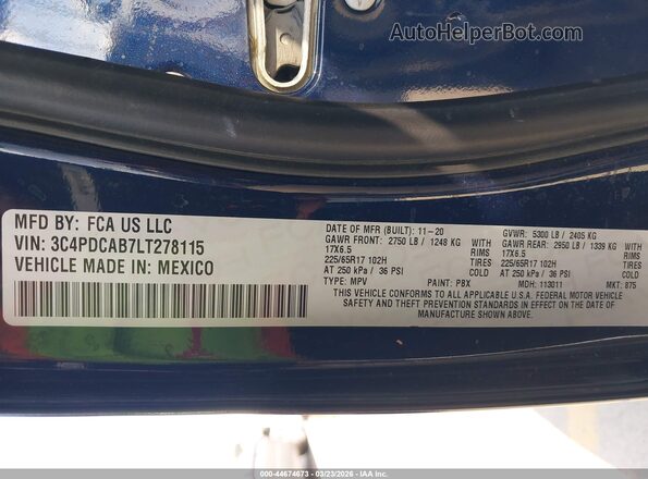 3C4PDCAB7LT278115 2020 DODGE JOURNEY Dark Blue Widok komory silnika