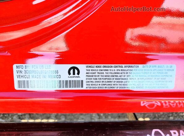 3C63R5DL0TG178566 2026 RAM 2500 Красный Вид наклейки с VIN-кодом