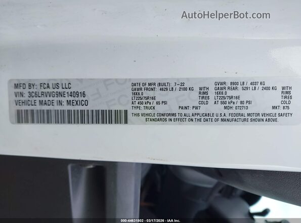 3C6LRVVG9NE140916 2022 RAM PROMASTER 2500 Белый Вид подкапотного пространства