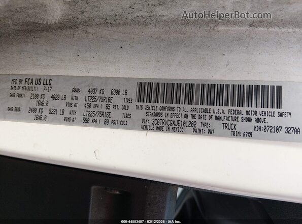 3C6TRVCGXJE101202 2018 RAM PROMASTER 2500 White Вид підкапотного простору