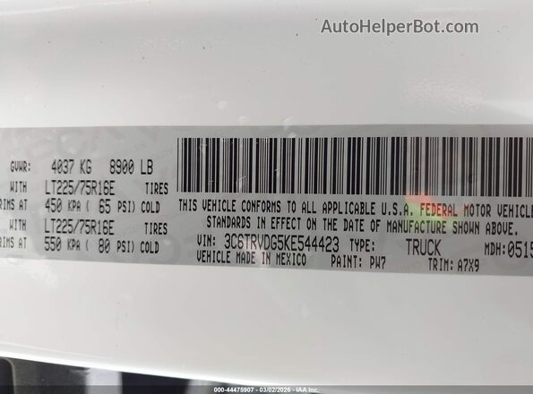3C6TRVDG5KE544423 2019 RAM PROMASTER 2500 Белый Вид подкапотного пространства