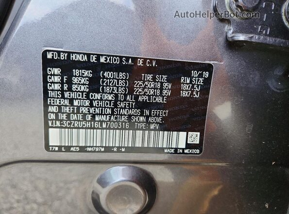 3CZRU5H16LM700316 2020 HONDA HR-V Серый Вид наклейки с VIN-кодом