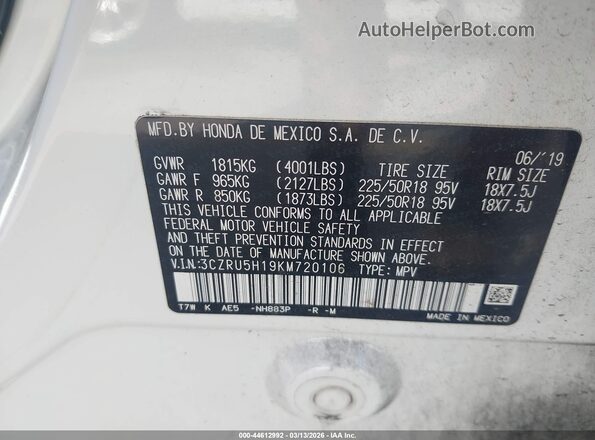 3CZRU5H19KM720106 2019 HONDA HR-V Белый Вид подкапотного пространства