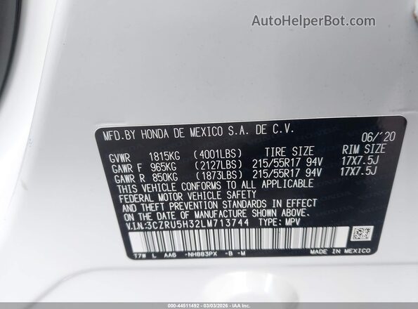 3CZRU5H32LM713744 2020 HONDA HR-V Белый Вид подкапотного пространства