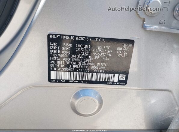 3CZRU5H38LM711772 2020 HONDA HR-V Серый Вид подкапотного пространства