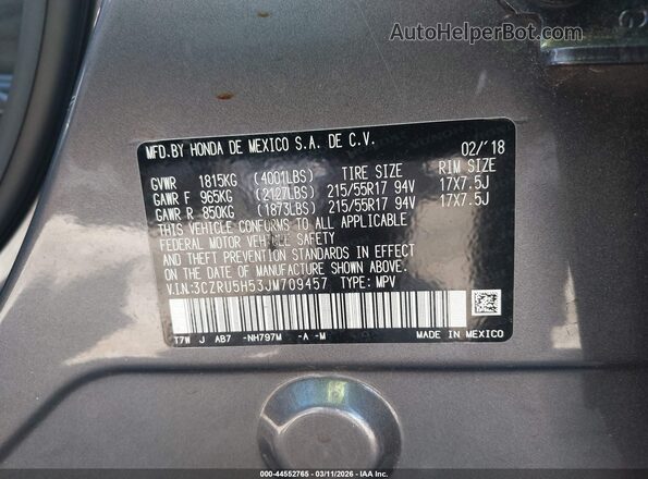 3CZRU5H53JM709457 2018 HONDA HR-V Серый Вид подкапотного пространства