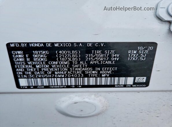 3CZRU5H76MM704033 2021 HONDA HR-V White 360 interior view