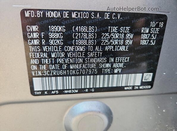 3CZRU6H10KG707975 2019 HONDA HR-V Silver Vista de la etiqueta del VIN