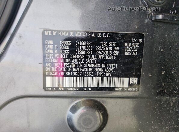 3CZRU6H10KG712562 2019 HONDA HR-V Gray Vista de la etiqueta del VIN