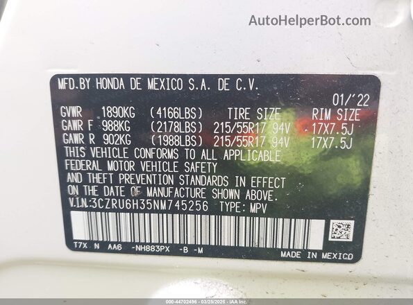 3CZRU6H35NM745256 2022 HONDA HR-V Белый Вид подкапотного пространства
