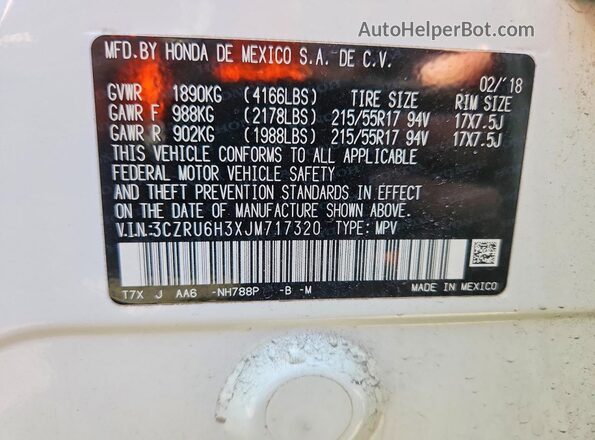 3CZRU6H3XJM717320 2018 HONDA HR-V Белый Вид наклейки с VIN-кодом