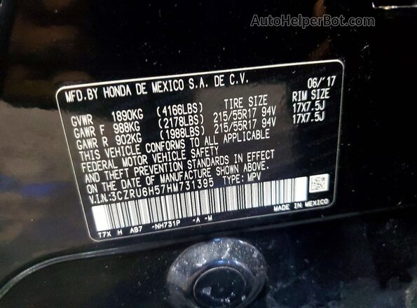 3CZRU6H57HM731395 2017 HONDA HR-V Черный Вид наклейки с VIN-кодом