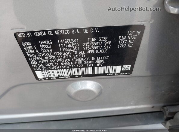 3CZRU6H74HM711722 2017 HONDA HR-V Silver Widok komory silnika