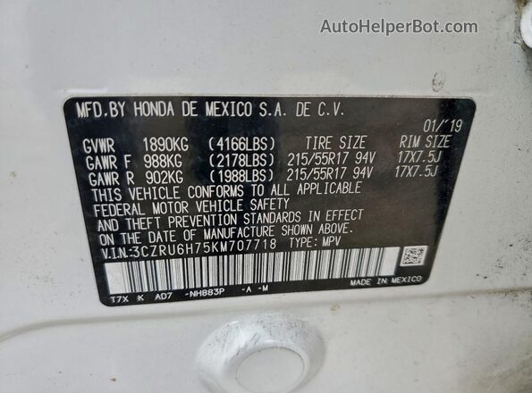 3CZRU6H75KM707718 2019 HONDA HR-V White Вид наклейки з VIN-кодом