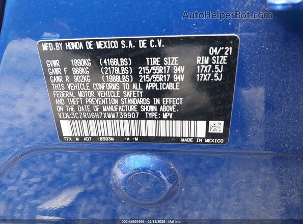 3CZRU6H7XMM739907 2021 HONDA HR-V Blue ძრავის განყოფილების ხედი