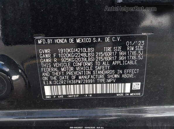 3CZRZ1H36PM728991 2023 HONDA HR-V Черный Вид подкапотного пространства