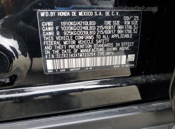 3CZRZ1H3XTM723254 2026 HONDA HR-V Black Vista de la etiqueta del VIN