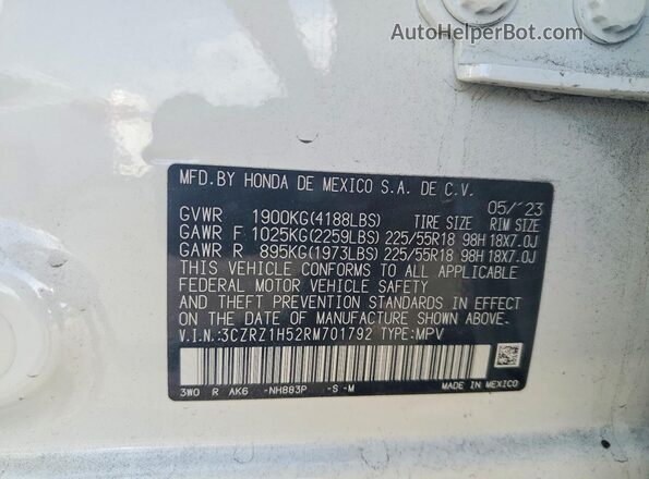 3CZRZ1H52RM701792 2024 HONDA HR-V Белый Панорамный вид салона 360°