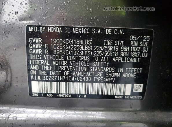 3CZRZ1H71TM702490 2026 HONDA HR-V Gray 360 interior view