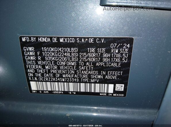 3CZRZ2H34SM723349 2025 HONDA HR-V Teal Widok komory silnika