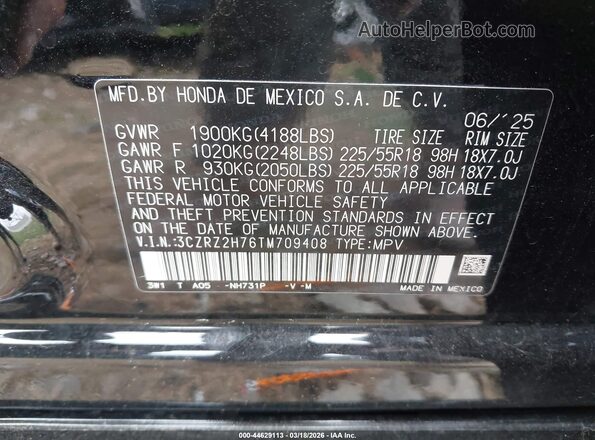 3CZRZ2H76TM709408 2026 HONDA HR-V Black Вид підкапотного простору