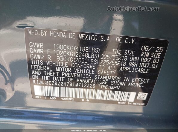 3CZRZ2H78TM712326 2026 HONDA HR-V Бирюзовый Вид подкапотного пространства