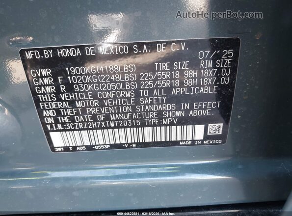 3CZRZ2H7XTM720315 2026 HONDA HR-V Blue Vista del compartimento del motor