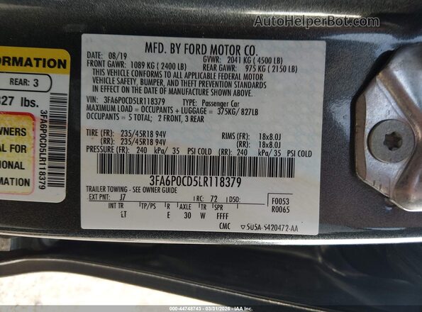 3FA6P0CD5LR118379 2020 FORD FUSION Gray Vista del compartimento del motor