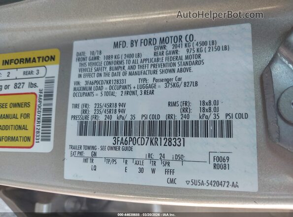 3FA6P0CD7KR128331 2019 FORD FUSION Бежевый Вид подкапотного пространства